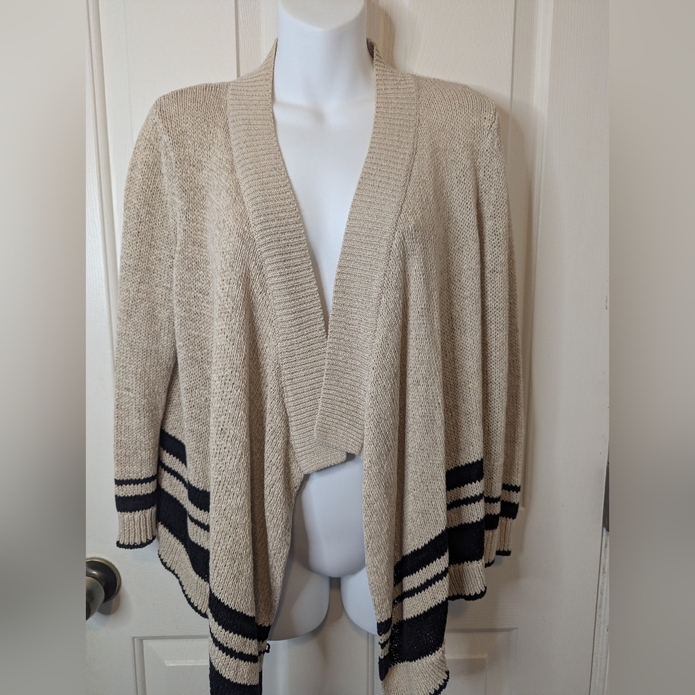 LOFT ANN TAYLOR Linen Loose Knit Striped Open Cardigan Sweater Size M Tan Black